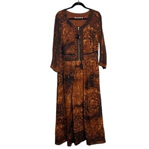 Soft Surroundings Venetian Print Maxi Dress Size 12 Brown Black Tassel Pull Boho